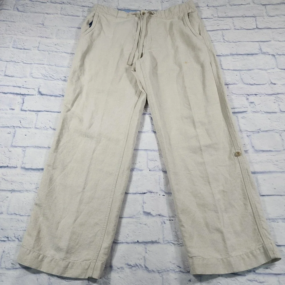 GAP Pants Mens L Beige Linen Blend Roll Tab Hem Coastal Beach Casual Y2K